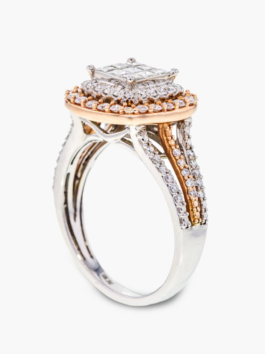 Capri Engagement Ring 10K Two-Tone Triple Shank Invisible Set Halo Diamond Ring 1.00 ctw
