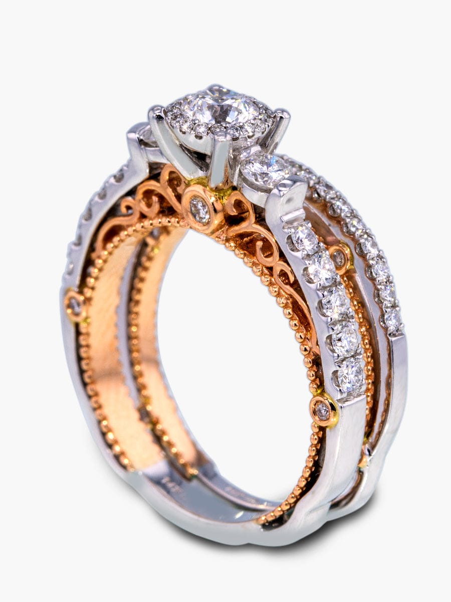 Capri Engagement Ring 14K Two-Tone 3-Stone Center Diamond Wedding Set 1.10 ctw