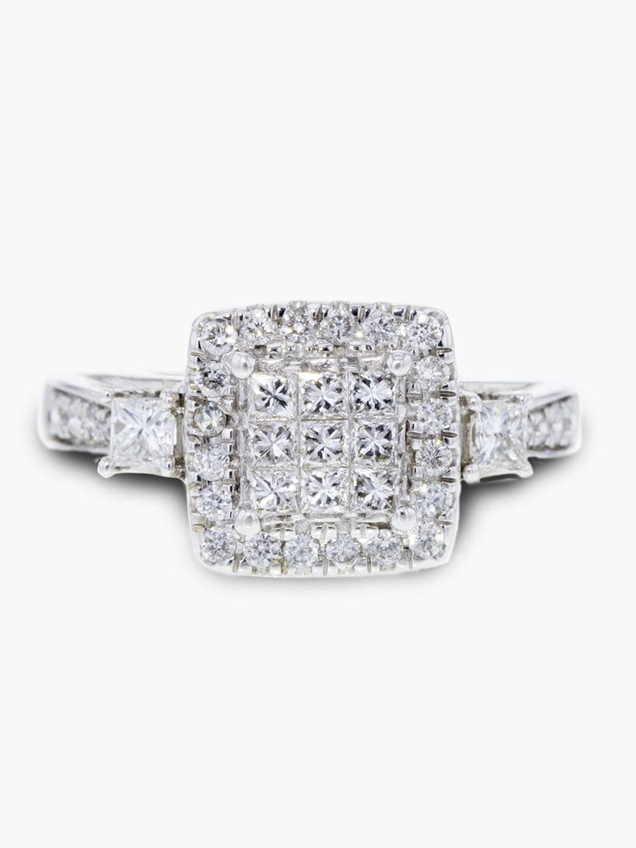 Capri Engagement Ring 14K White Gold Invisible Set Center Halo Diamond Ring 3/4 ctw