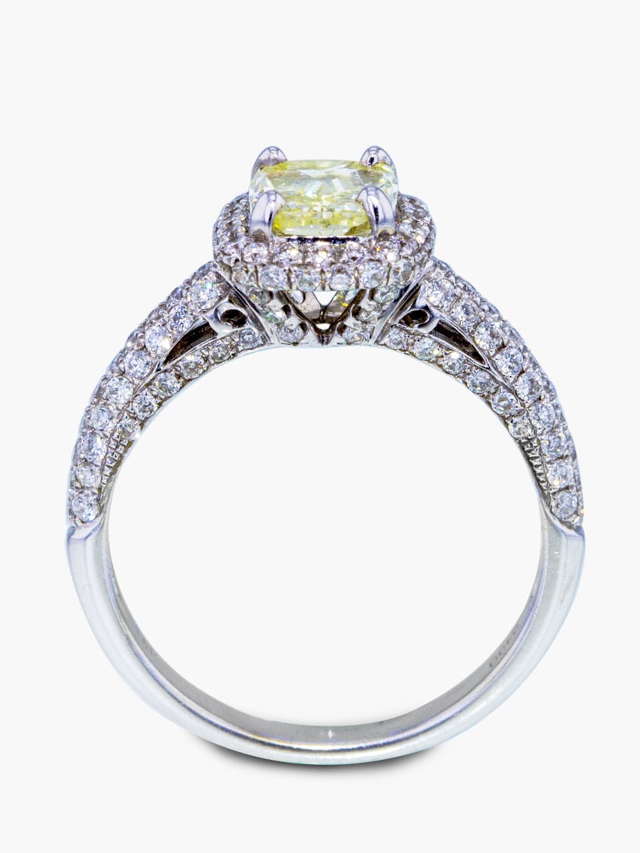 Capri Engagement Ring 18K White Gold Cushion Fancy Light Yellow Diamond Ring 1.81 ctw