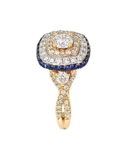 Capri Engagement Ring Round Center Cushion Halo Diamond & Sapphire Bridal Ring 14KR