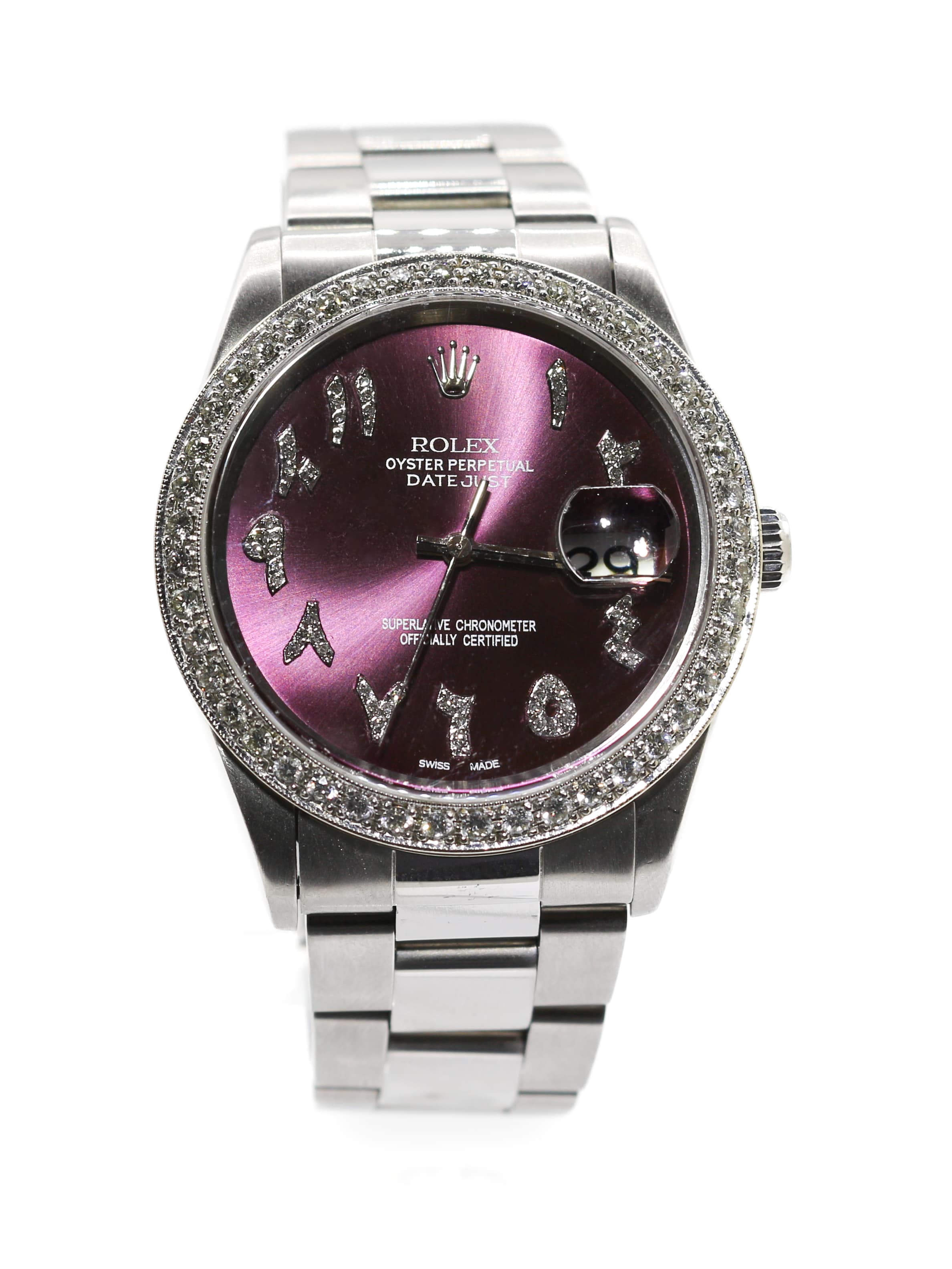 Capri Watches Custom Rolex Datejust 36mm purple arabic diamond markers watch