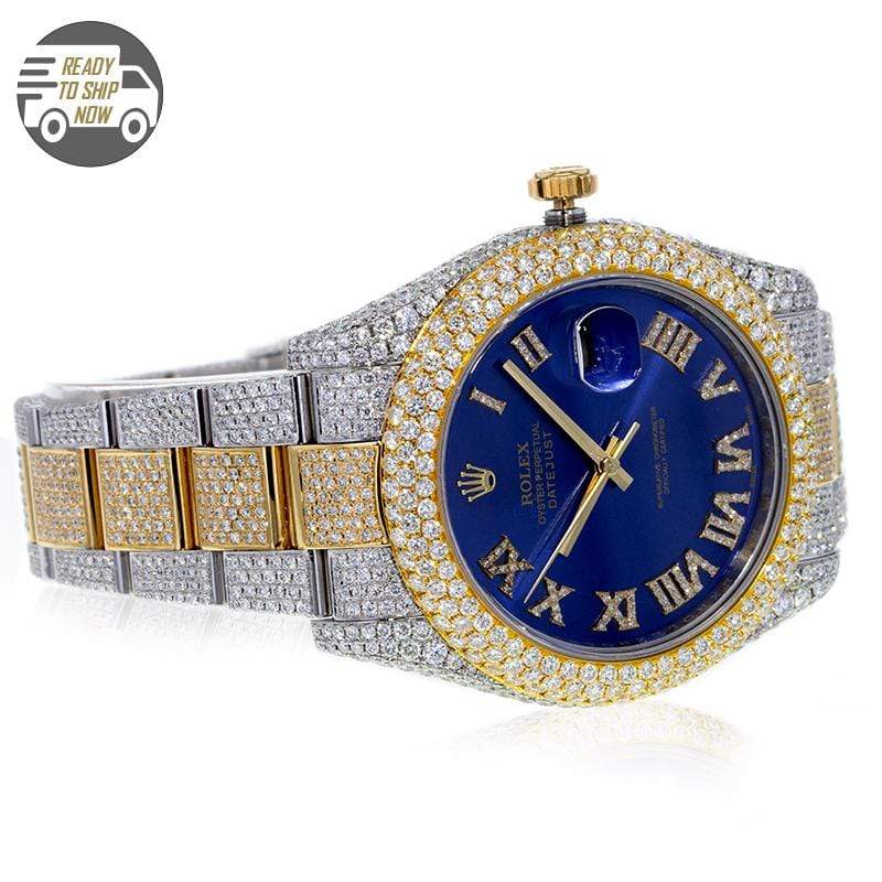 Capri Custom Watch Custom Flower Setting 17.50ctw Diamond Rolex DateJust 41MM Royal Blue Face Watch