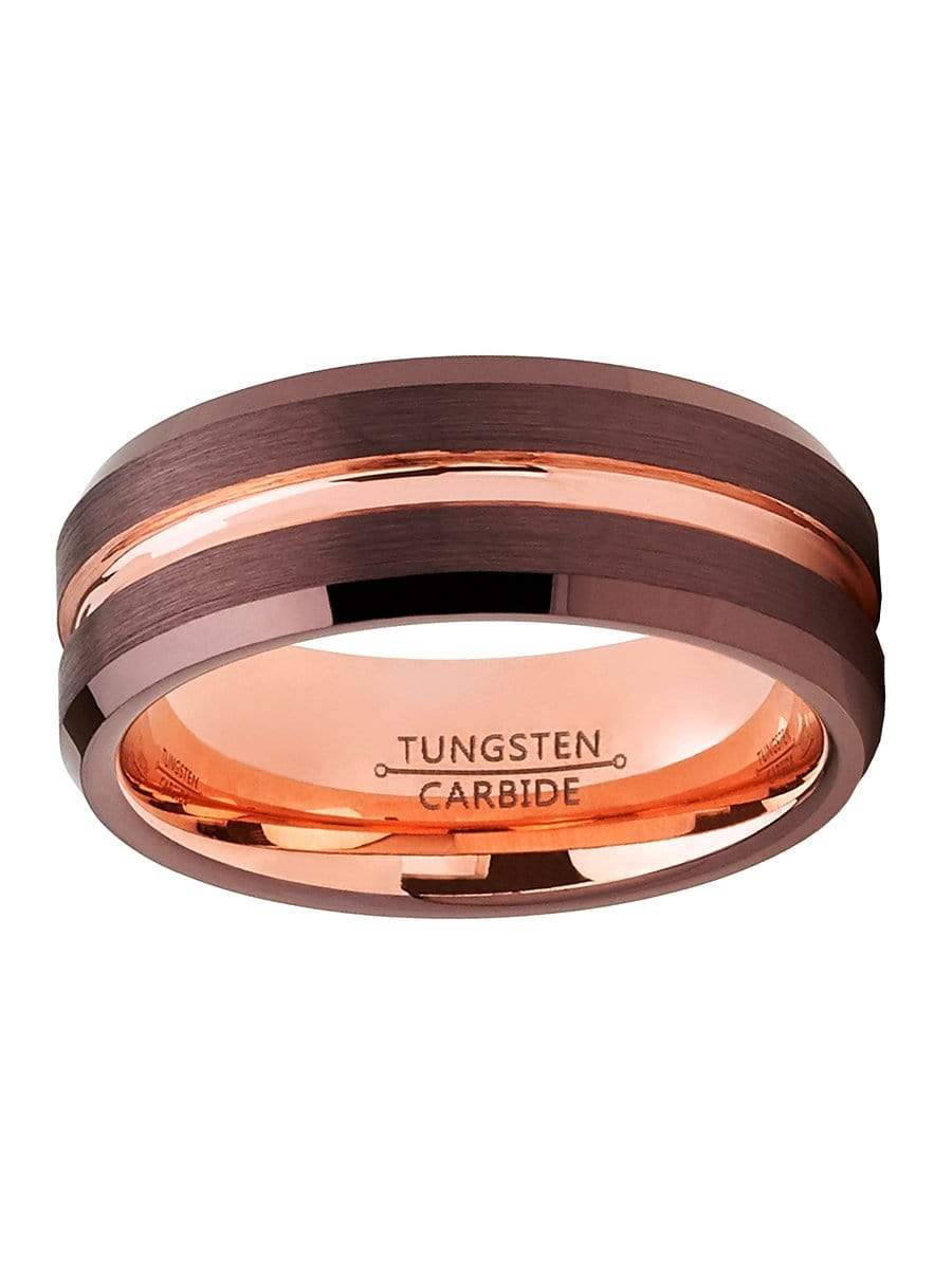 Capri Mens Band Brown brushed with rose color inlay comfort fit tungsten carbide band