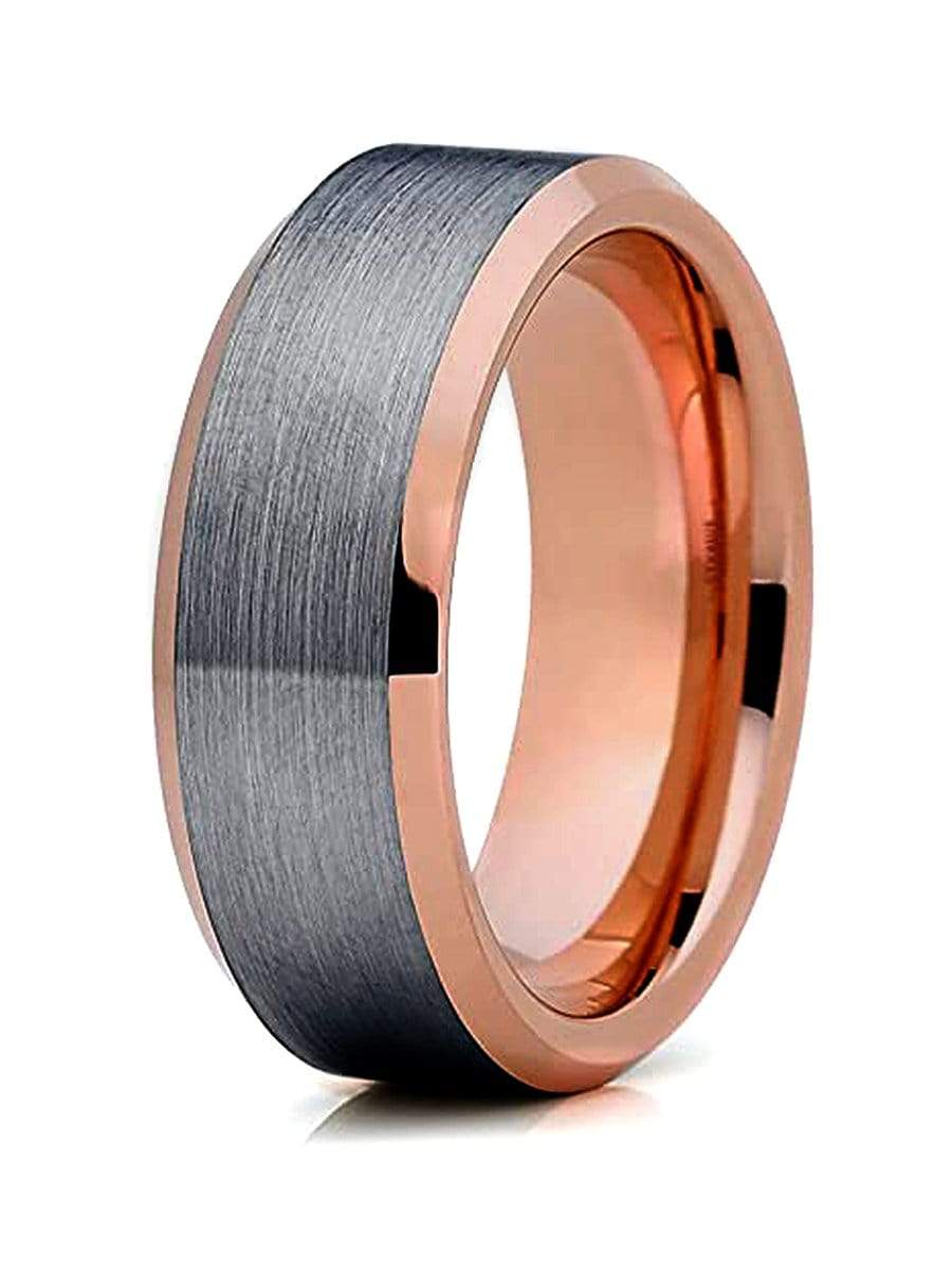 Capri Mens Band Gray brushed finish with rose color inlay comfort fit tungsten carbide band