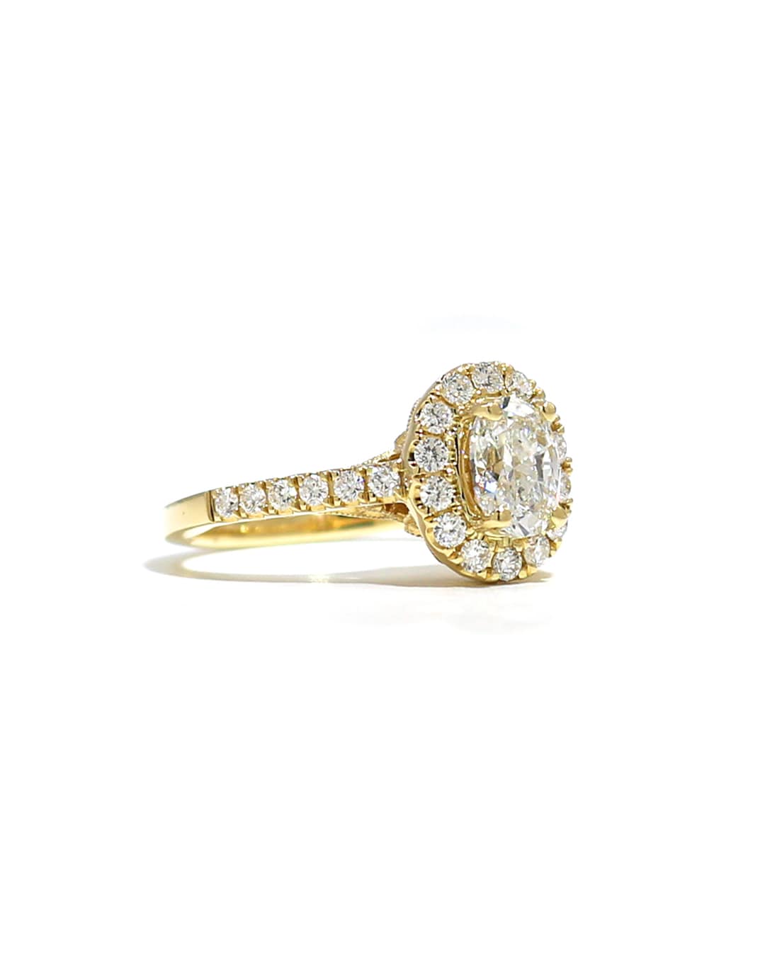 Capri Engagement Ring 1.52ctw oval halo diamond yellow gold ring 18K