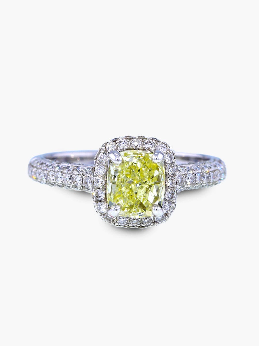 Capri Engagement Ring 18K White Gold Cushion Fancy Light Yellow Diamond Ring 1.81 ctw