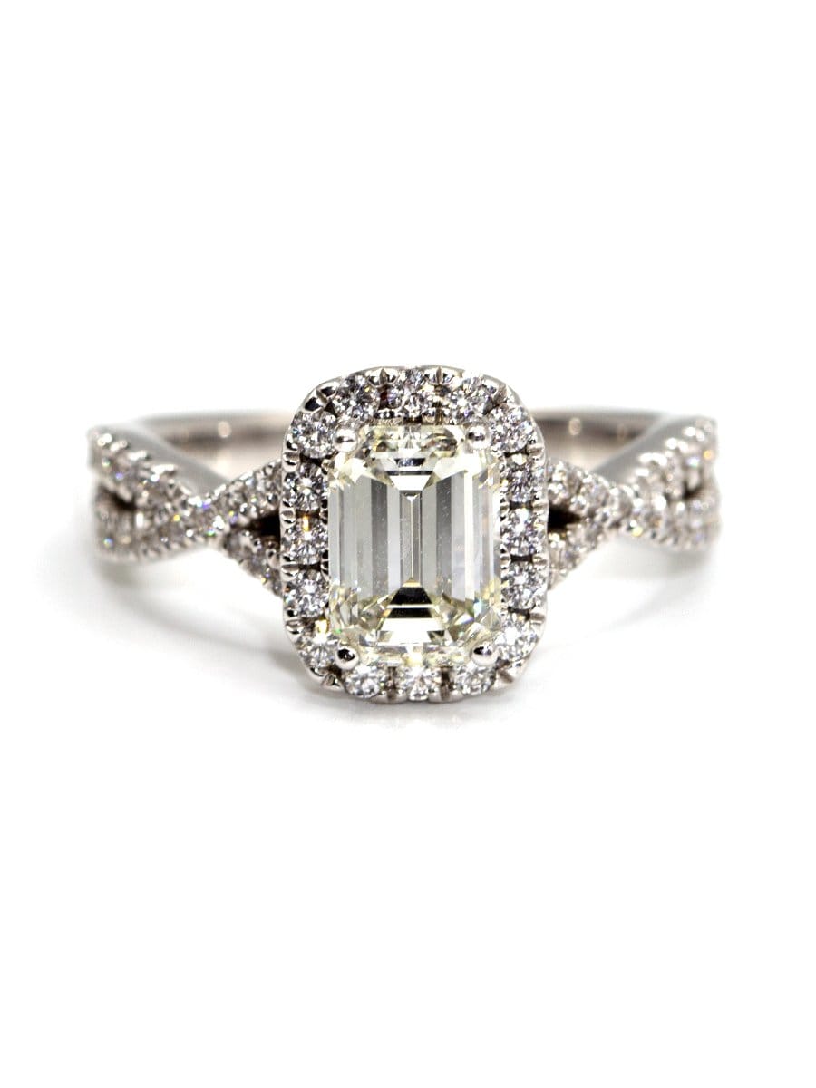 Capri Engagement Ring 2.13 ctw Emerald halo twisted band ring 18K