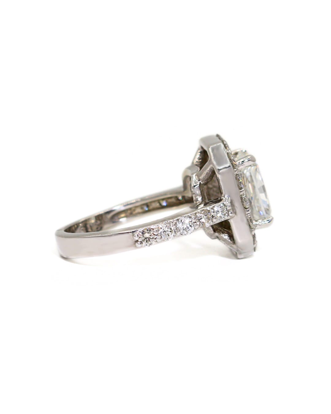 Capri Engagement Ring Lab 2.66ct radiant and 1.50ct natural diamonds halo ring in platinum