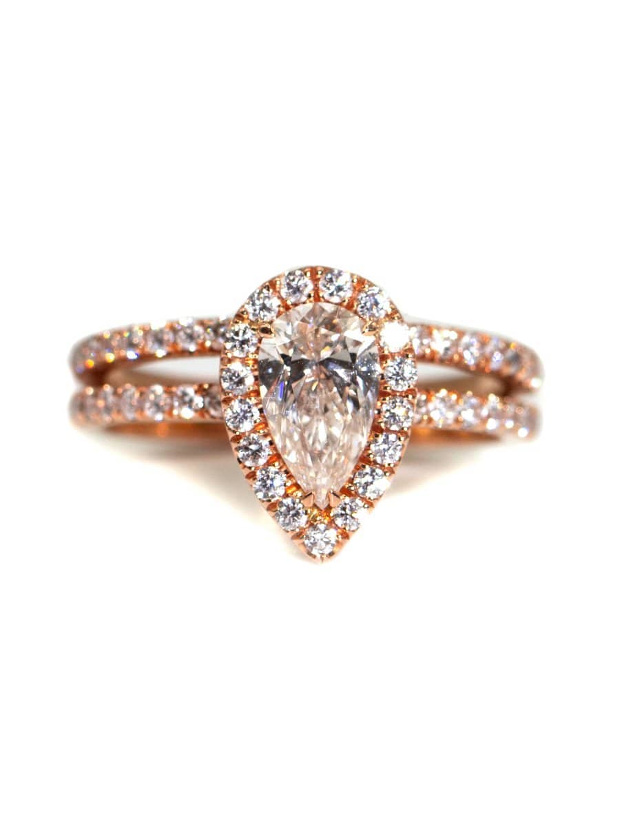 Capri Engagement Ring Pear shaped diamond halo double band rose gold ring 18K
