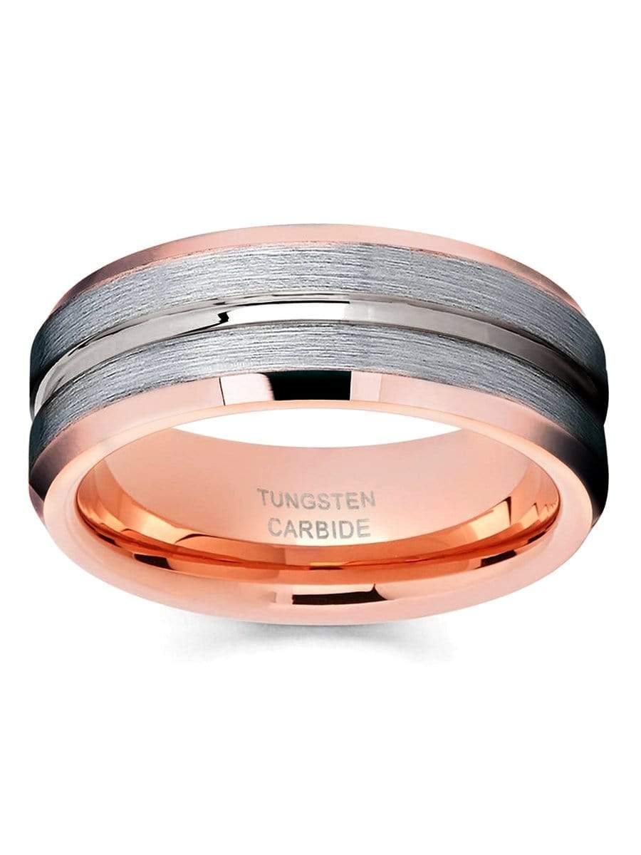 Capri Mens Band Gray brushed with rose color inlay comfort fit tungsten carbide band