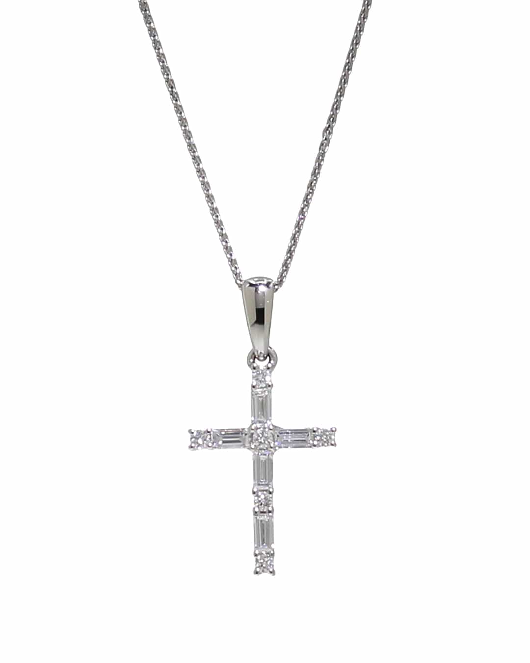 Capri Pendant 18k diamond baguette white gold cross with chain 14k chain