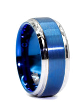 Load image into Gallery viewer, Capri Mens Band Blue and Silver color beveled comfort fit tungsten carbide band