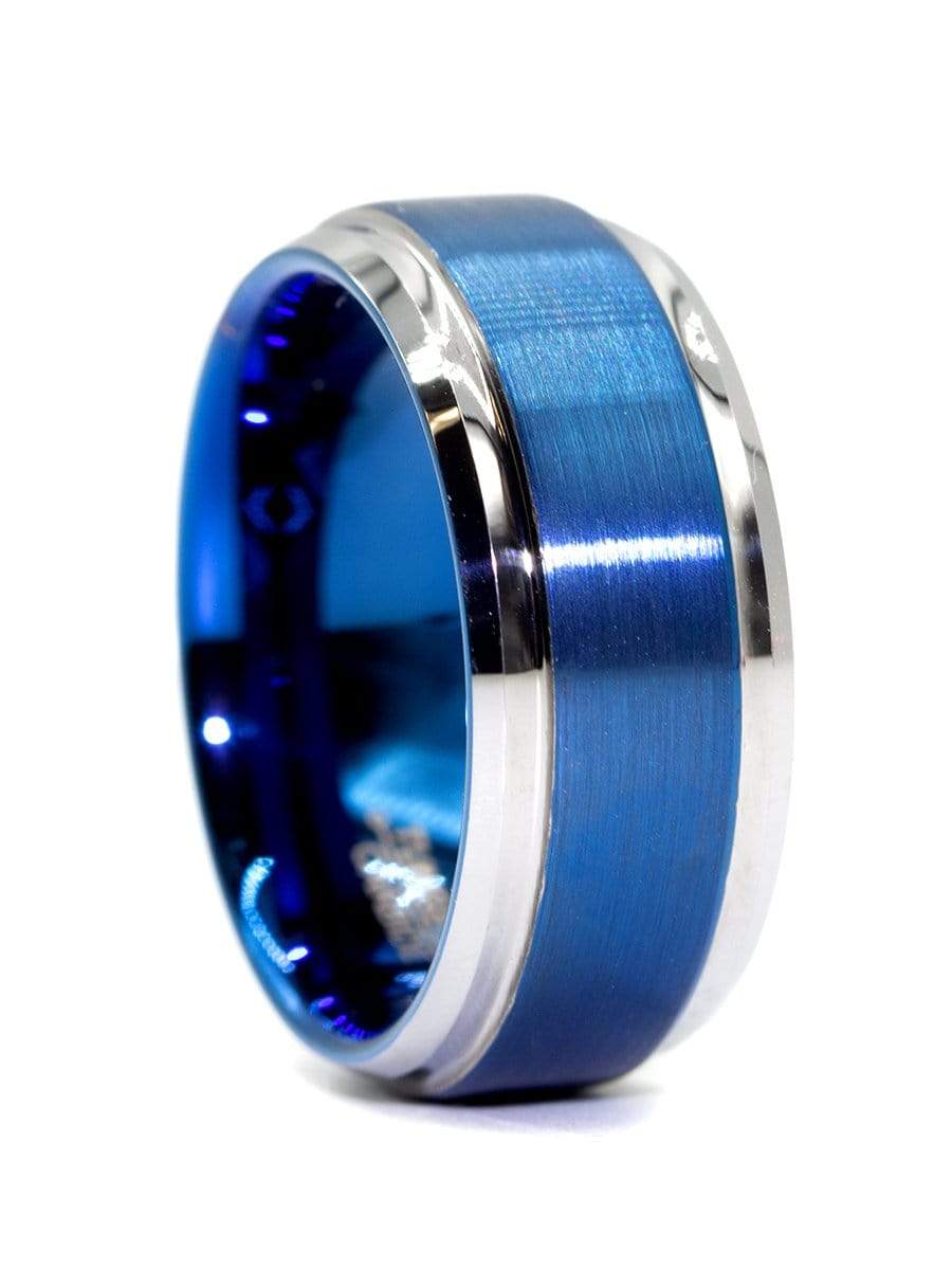 Capri Mens Band Blue and Silver color beveled comfort fit tungsten carbide band