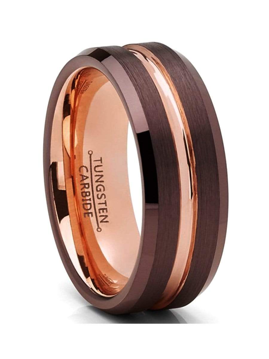 Capri Mens Band Brown brushed with rose color inlay comfort fit tungsten carbide band