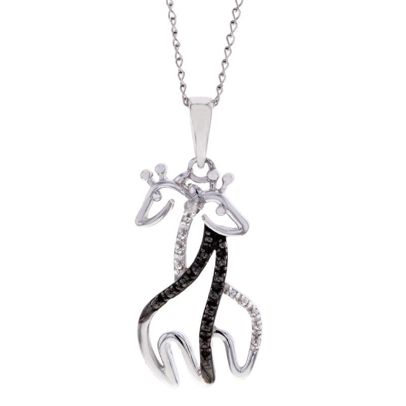 Capri Pendant Black and White Diamond Accent Hugging Giraffes Pendant Necklace in Sterling Silver