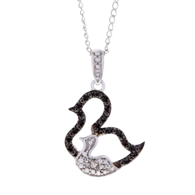 Capri Pendant Black and White Diamond Accent Mom and Baby Duck Pendant Necklace in Sterling Silver