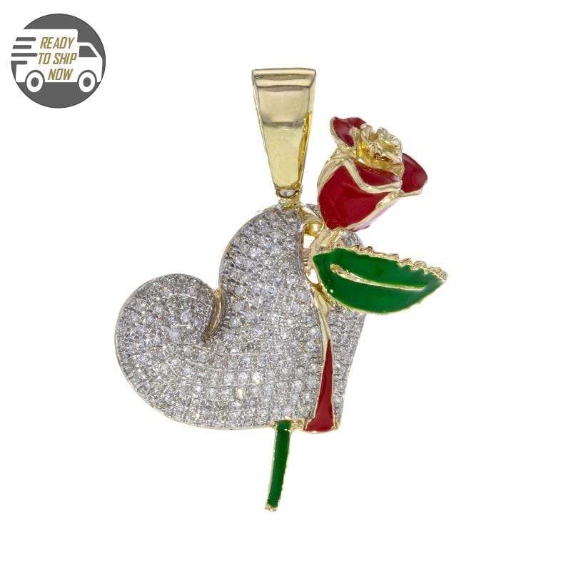 Capri Pendant Puff Diamond Heart with Red Rose Pendant in Yellow Gold 14K