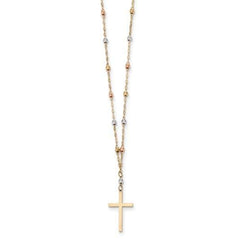 Capri_Q Necklace Tri-Color Diamond-Cut Beaded Polished Cross Necklace 14K