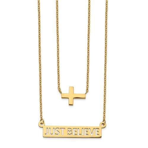 Capri_Q Necklace Two-Strand Polished Cross And Just Believe Bar Necklace 14K