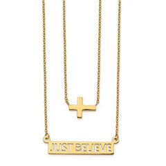 Capri_Q Necklace Two-Strand Polished Cross And Just Believe Bar Necklace 14K
