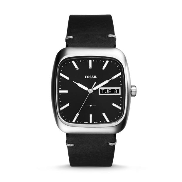 Fossil Watches Fossil Rutherford Three-Hand Day-Date Black Leather Watch 41mm FS5330P