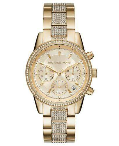 Michael Kors Watches Michael Kors Ritz Pave Chronograph Crystal Gold Dial Ladies Watch 37mm MK6484